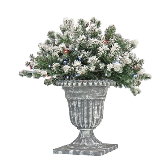 24" Feel Real® Snowy Sheffield Spruce Porch Bush in Silver Brushed Plastic Urn